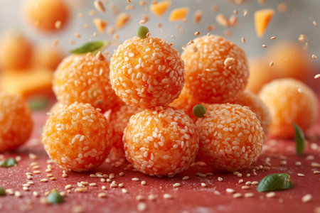 Lots of delicious sesame balls in flight on a red background.の素材