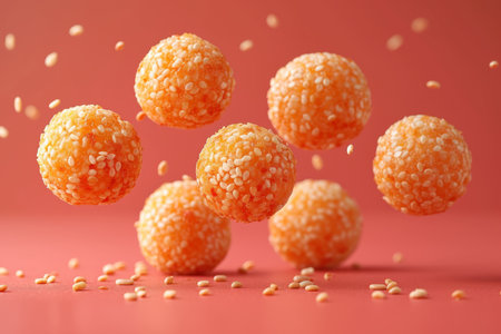 Lots of delicious sesame balls in flight on a red background.の素材