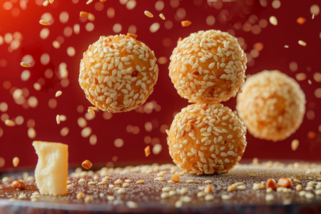 Lots of delicious sesame balls in flight on a red background.の素材