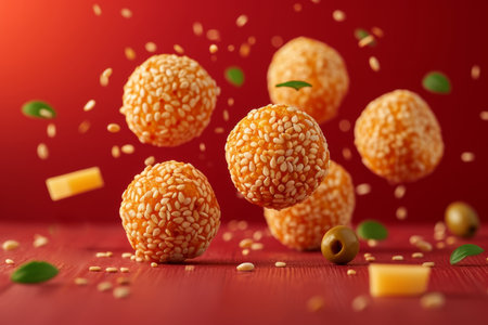 Lots of delicious sesame balls in flight on a red background.の素材