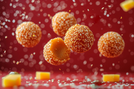 Lots of delicious sesame balls in flight on a red background.の素材