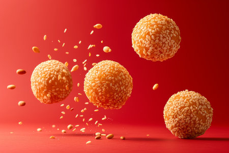 Lots of delicious sesame balls in flight on a red background.の素材