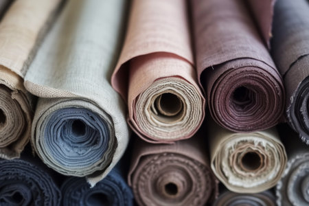 Close-up of various rolls of multicolored fabric stacked.の素材