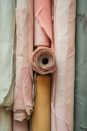 Close-up of various rolls of multicolored fabric stacked.の素材