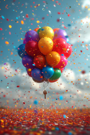 gift colorful balloons suspended from a gift key. 3d illustration.の素材