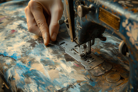 An antique sewing machine is ready to work on the table.の素材