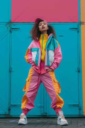 A fashionable girl in bright colorful retro-style clothes on a blue background enjoys the atmosphere of the 80s - 90s.の素材