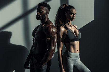 A fit athletic couple on a dark background . The concept of fitness. Healthy lifestyle.の素材