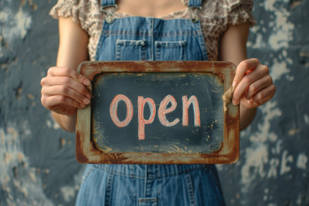 Close-up of a girl holding a sign with the inscription OPEN .の素材