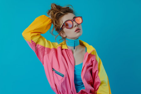 A fashionable girl in bright colorful retro-style clothes on a blue background enjoys the atmosphere of the 80s - 90s.の素材