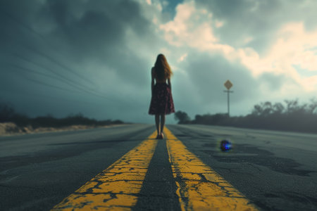 The girl is standing in the middle of the road with her back. The concept of travel.の素材
