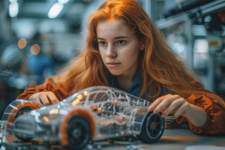 A female Design Engineer develops an innovative high-tech ultramodern eco-friendly electric vehicle according to eco-friendly standards.の素材