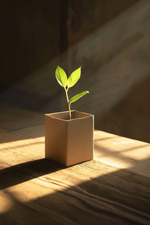 A young green plant in an eco-pot on the floor, a germinating seed in a craft paper pot.の素材