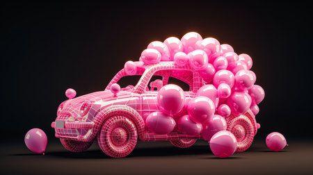 A pure pink car made of bubbles on a black background. 3d illustration.の素材