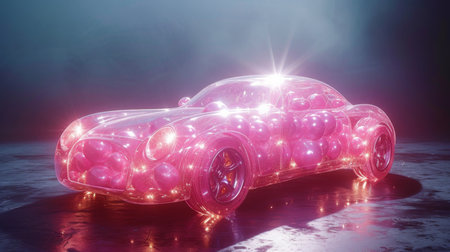 A pure pink car made of bubbles on a black background. 3d illustration.の素材