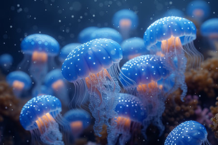 a large number of jellyfish swimming underwater.の素材