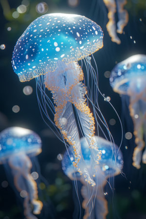 a large number of jellyfish swimming underwater.の素材