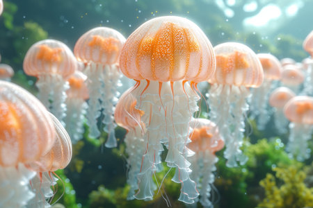 a large number of jellyfish swimming underwater.の素材