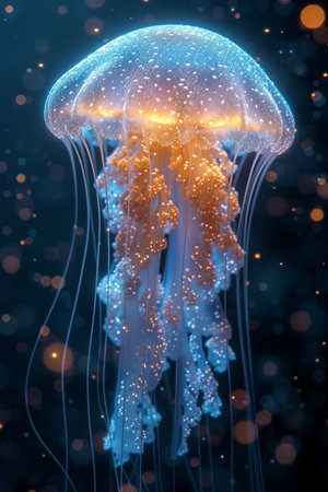 A large transparent jellyfish swims underwater.の素材