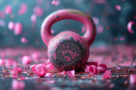 There is a heavy festive pink kettlebell sprinkled with confetti on the floor.の素材