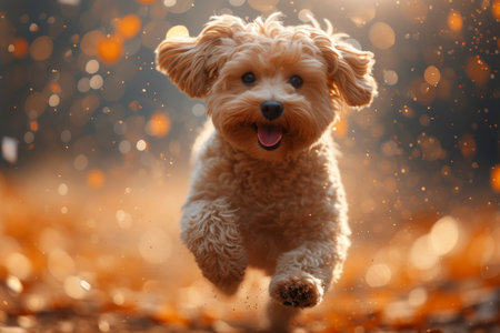 A beautiful fluffy dog runs through the autumn forest.の素材