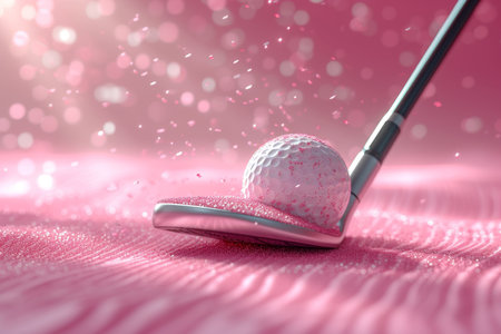 A golf club and a ball in a pink room.の素材