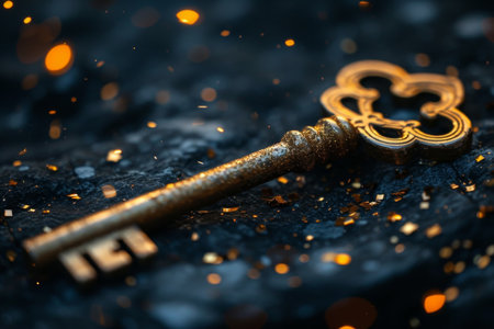A golden key surrounded by sparkling lights on a black background. Business concepts of unlocking potential, the key to success, or financial opportunities.の素材