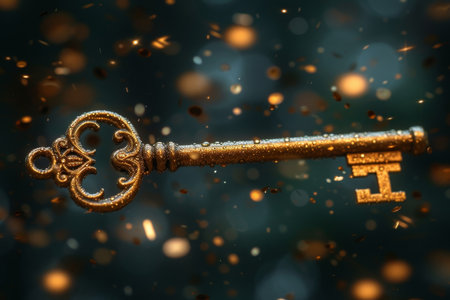A golden key surrounded by sparkling lights on a black background. Business concepts of unlocking potential, the key to success, or financial opportunities.の素材