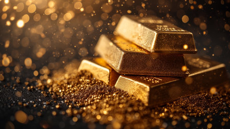 A stack of pure gold bars in gold dust on a black background. The concept of business and finance.の素材