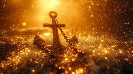 A golden anchor in the water in a golden light.の素材