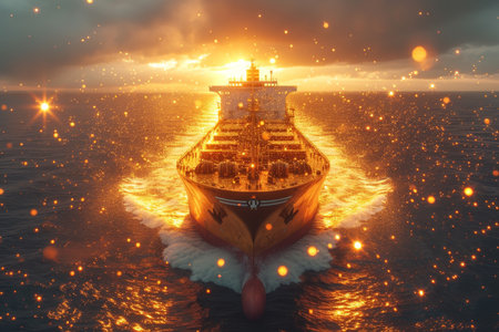 A ship with gold containers carries cargo by sea. Container ship.の素材