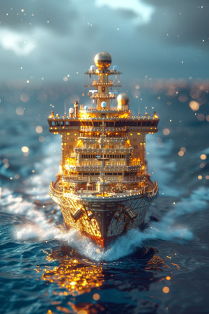 A ship with gold containers carries cargo by sea. Container ship.の素材