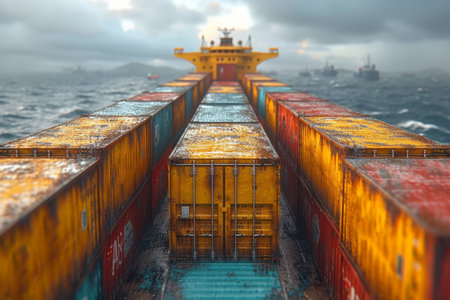 Gold containers with cargo on a container ship in the ocean.の素材