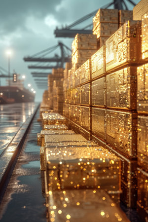Gold containers with cargo on a container ship in the ocean.の素材
