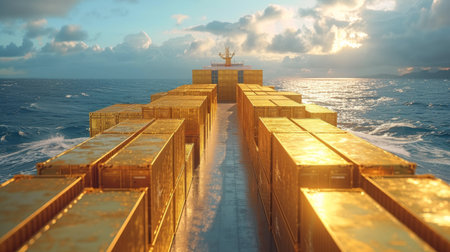 Gold containers with cargo on a container ship in the ocean.の素材