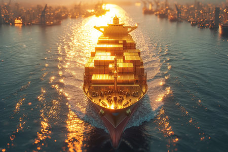 A ship with gold containers carries cargo by sea. Container ship.の素材