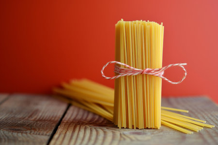 raw whole grain spaghetti on the table on a red background.の素材
