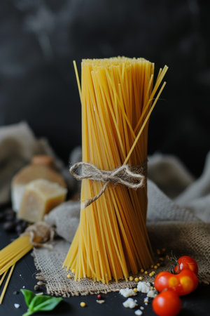 raw whole grain spaghetti on the table.の素材