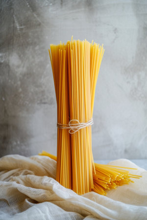 raw whole grain spaghetti on the table on a gray background.の素材