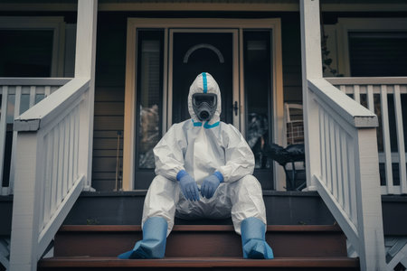 A disinfection service worker in a protective suit and gas mask sits on the porch of the house.の素材