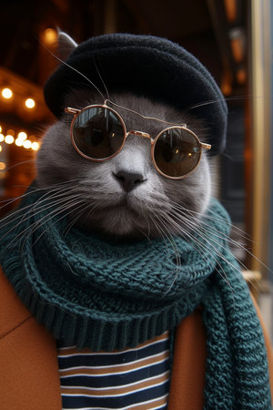 Portrait of a cat with glasses and a hat in the city . The concept of travel.の素材