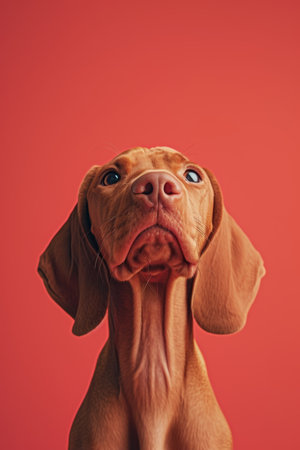 Close-up of a Hungarian fold-eared dog on a red background.の素材
