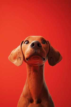 Close-up of a Hungarian fold-eared dog on a red background.の素材