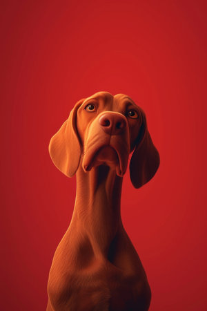 Close-up of a Hungarian fold-eared dog on a red background. 3d illustration.の素材