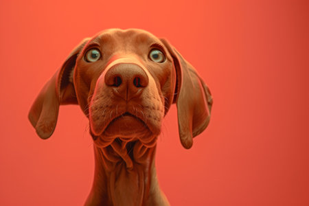 Close-up of a Hungarian fold-eared dog on a red background.の素材