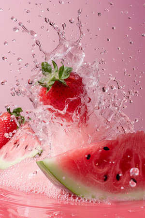 fresh watermelon and strawberries with splashes of water on a pink background.の素材