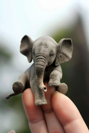A small elephant sits on a man's finger.の素材