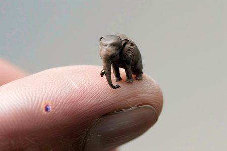 A small elephant sits on a man's finger.の素材