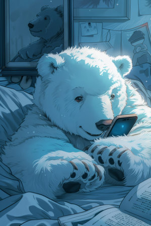 A bear lying on the couch and looking at a smartphone. Illustration.の素材