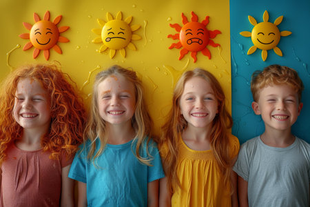 A large group of happy children in colorful clothes on a colored wall with emoticons.の素材